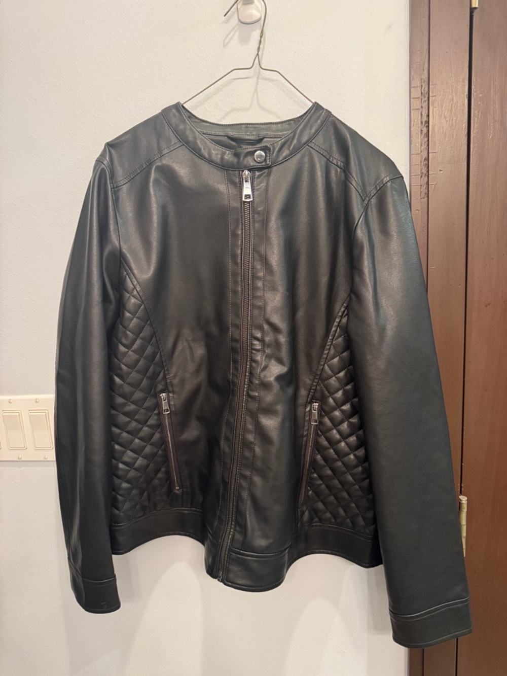 Women's Black Quilted Faux Leather Jacket with Zip Pockets